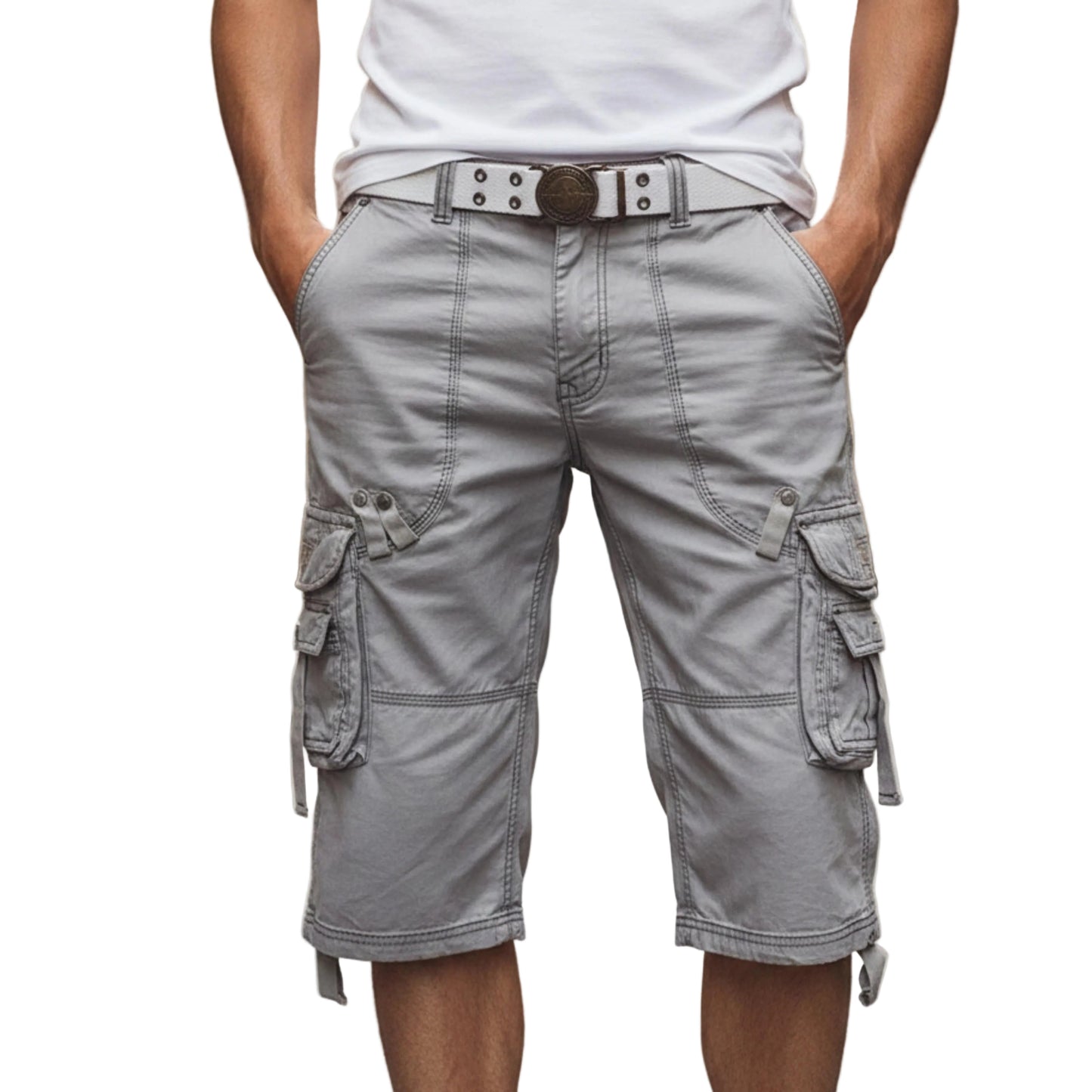 Men's Cargo Shorts Knee Length With Detachable Belt And Multiple Pockets-Jivoca