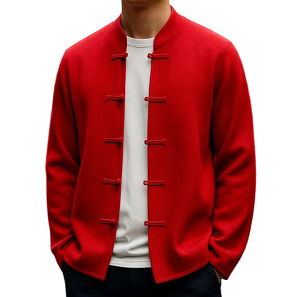Men's Collarless Round Neck Jacket With Loop Button Closure-Jivoca