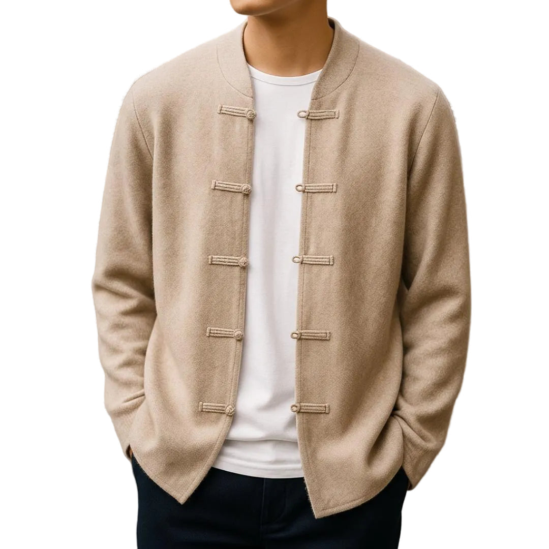 Men's Collarless Round Neck Jacket With Loop Button Closure-Jivoca