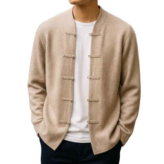 Men's Collarless Round Neck Jacket With Loop Button Closure-Jivoca