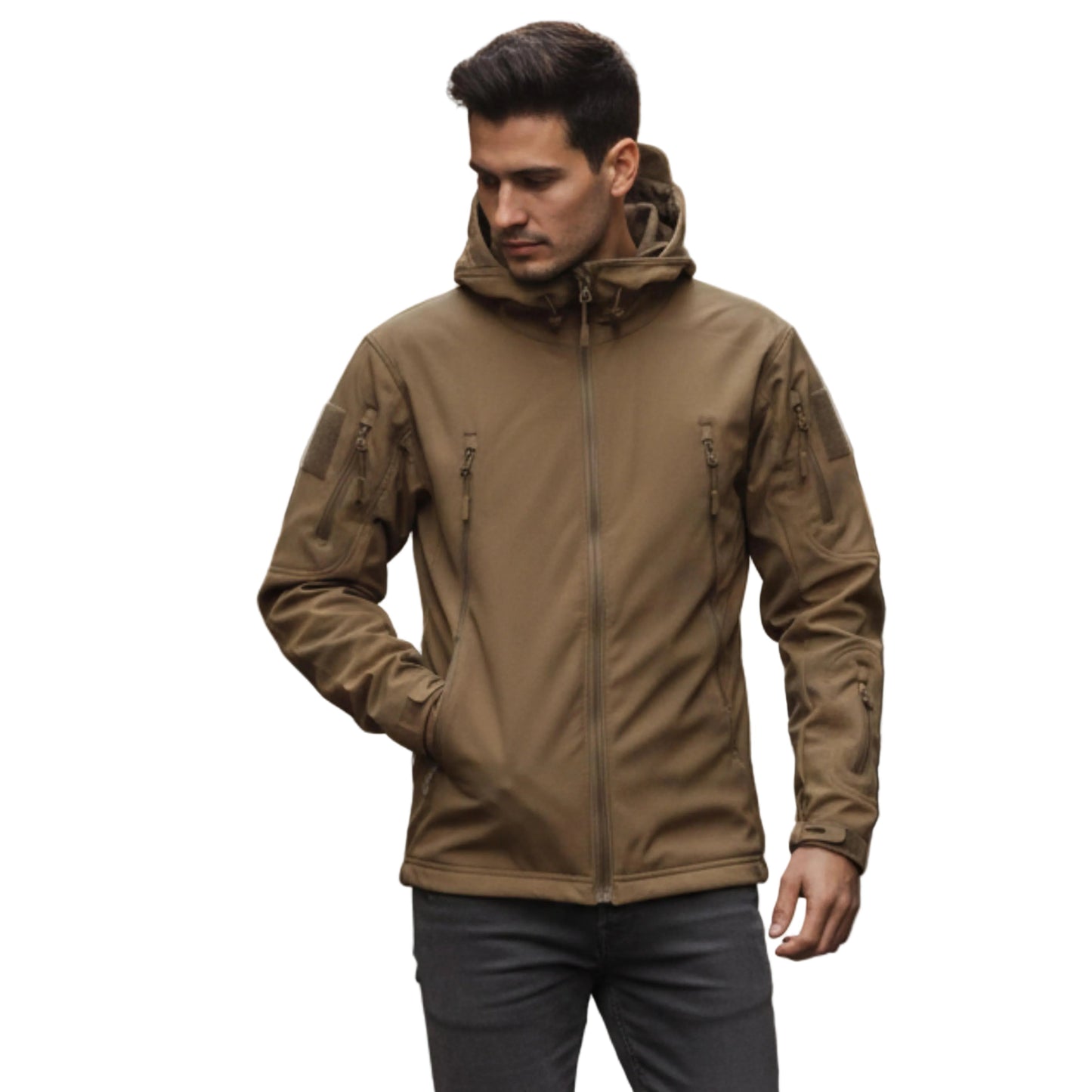 Men's Hooded Zip Jacket With High Collar And Multiple Zippered Pockets-Jivoca