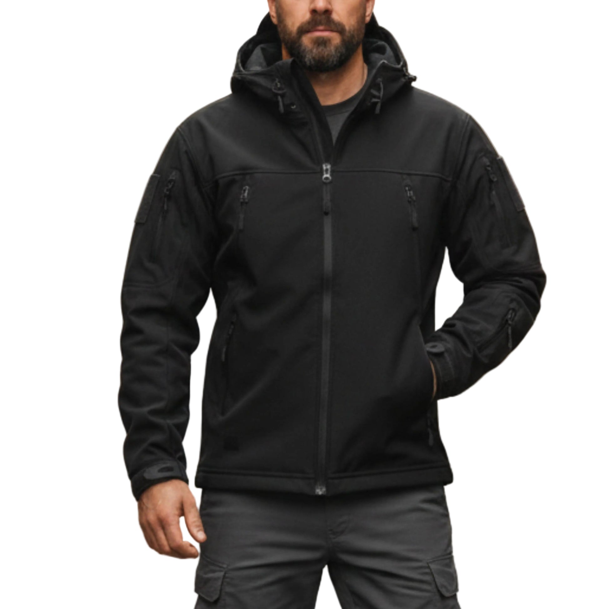 Men's Hooded Zip Jacket With High Collar And Multiple Zippered Pockets-Jivoca