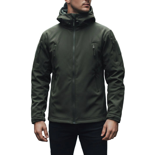 Men's Hooded Zip Jacket With High Collar And Multiple Zippered Pockets-Jivoca