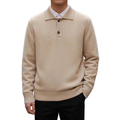 Men's Long Sleeve Knit Sweater With Button Placket And Structured Collar-Jivoca