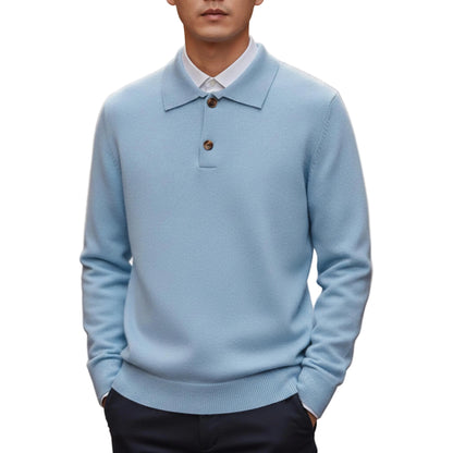 Men's Long Sleeve Knit Sweater With Button Placket And Structured Collar-Jivoca