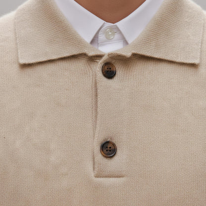 Men's Long Sleeve Knit Sweater With Button Placket And Structured Collar-Jivoca