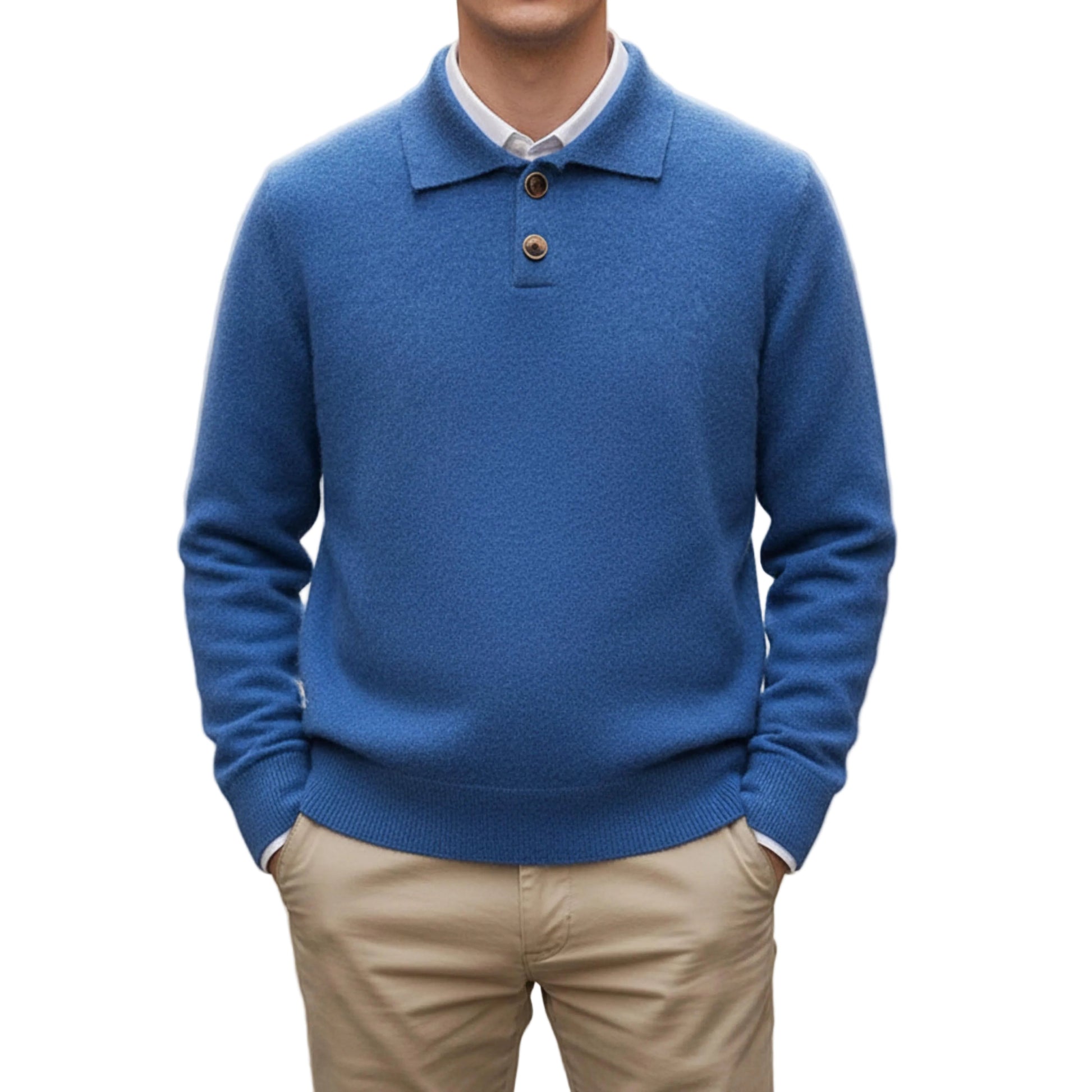 Men's Long Sleeve Knit Sweater With Button Placket And Structured Collar-Jivoca