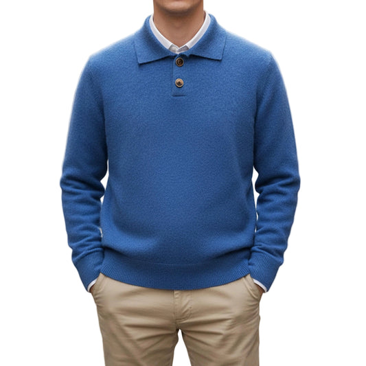 Men's Long Sleeve Knit Sweater With Button Placket And Structured Collar-Jivoca