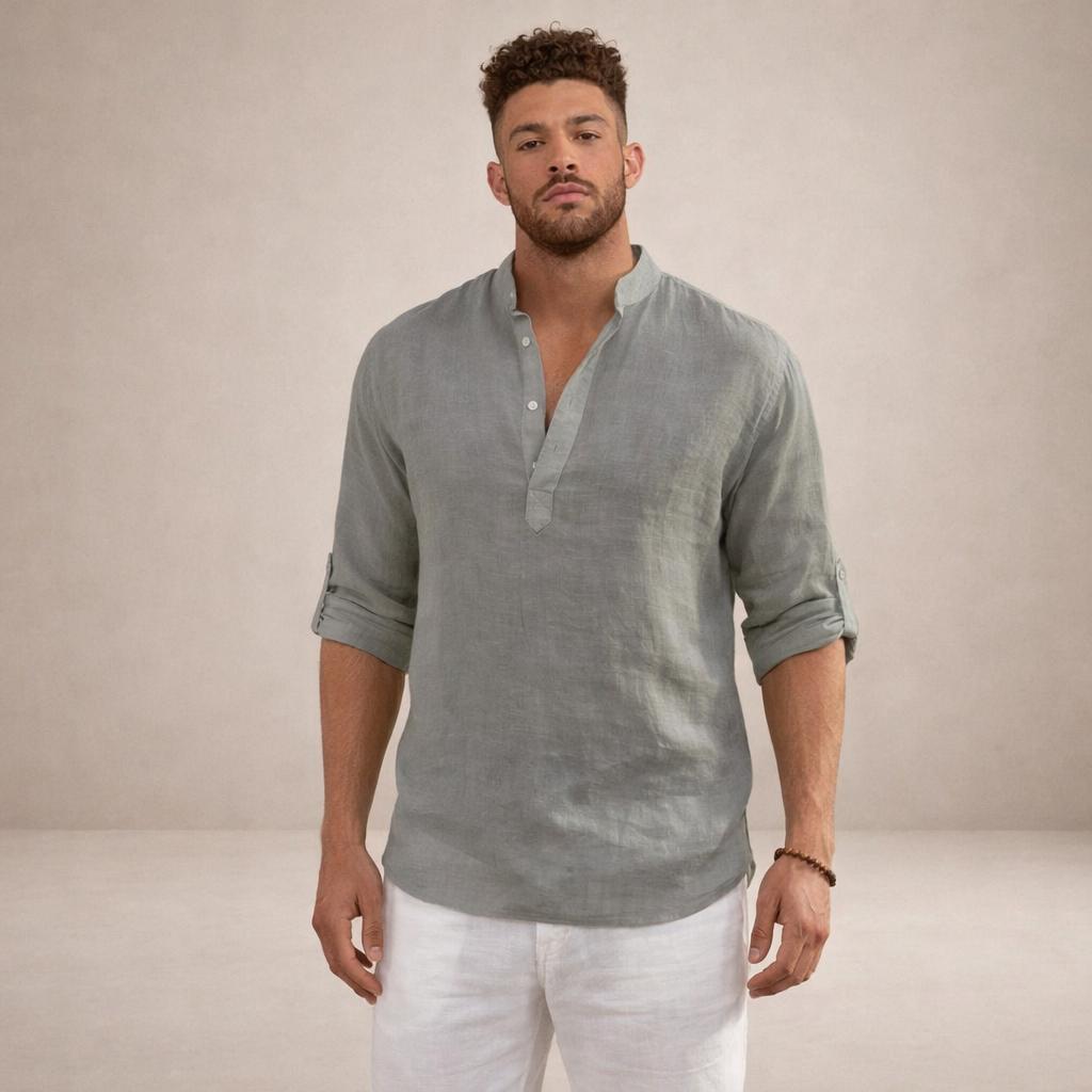 Men's Long Sleeve Stand Collar Shirt-Jivoca