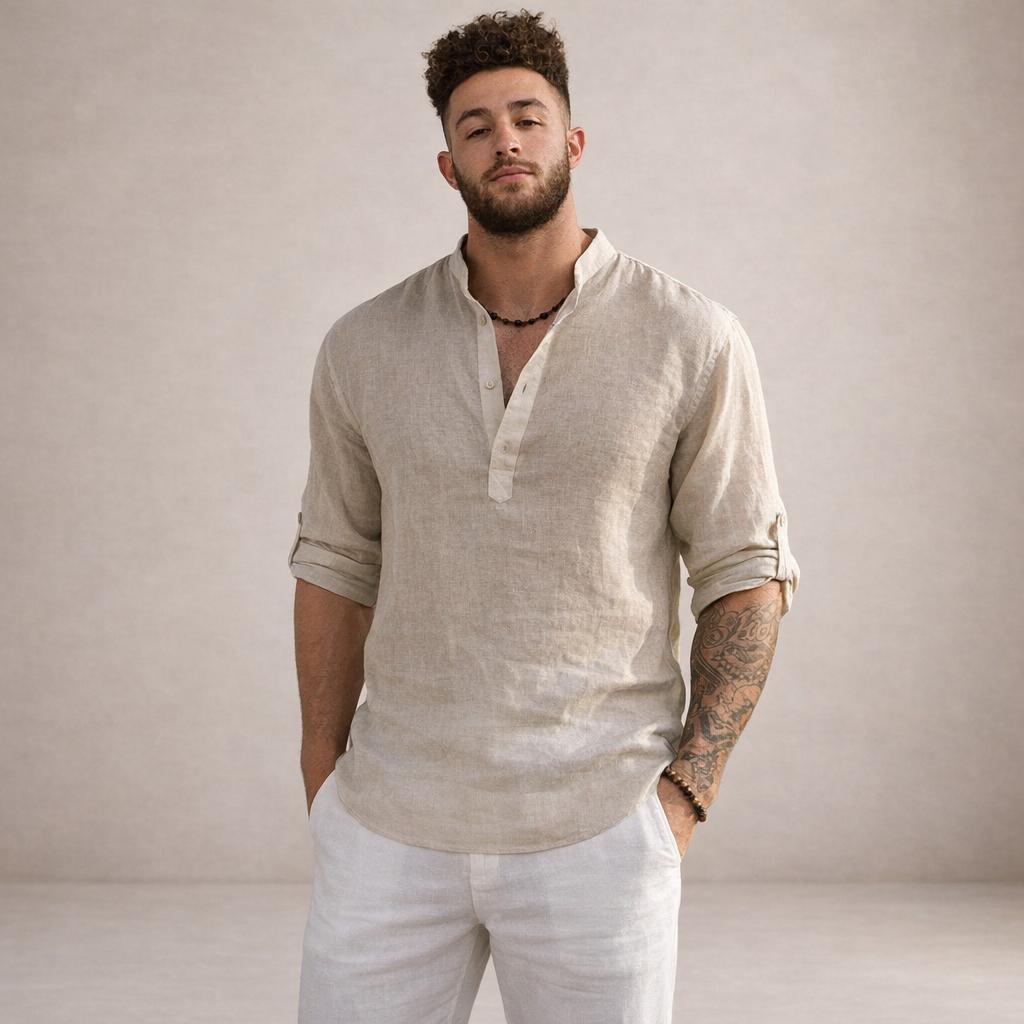 Men's Long Sleeve Stand Collar Shirt-Jivoca