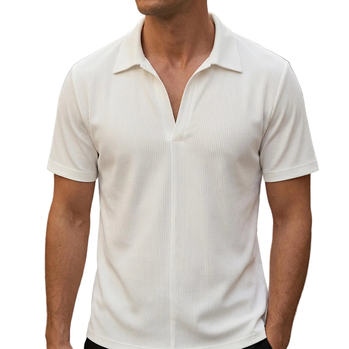 Men's Ribbed Short Sleeve Shirt With Open Collar And Button Closure-Jivoca