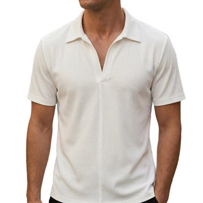 Men's Ribbed Short Sleeve Shirt With Open Collar And Button Closure-Jivoca
