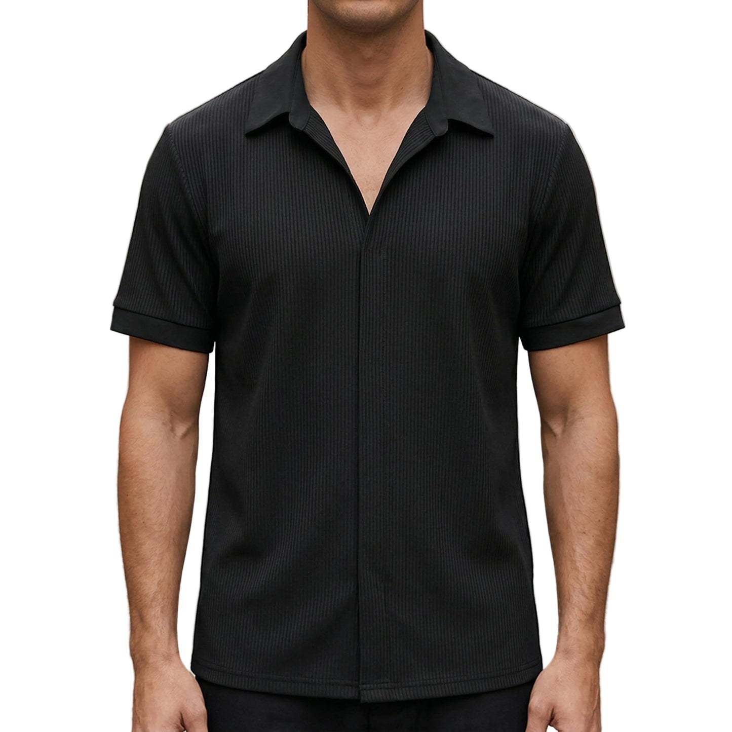 Men's Ribbed Short Sleeve Shirt With Open Collar And Button Closure-Jivoca