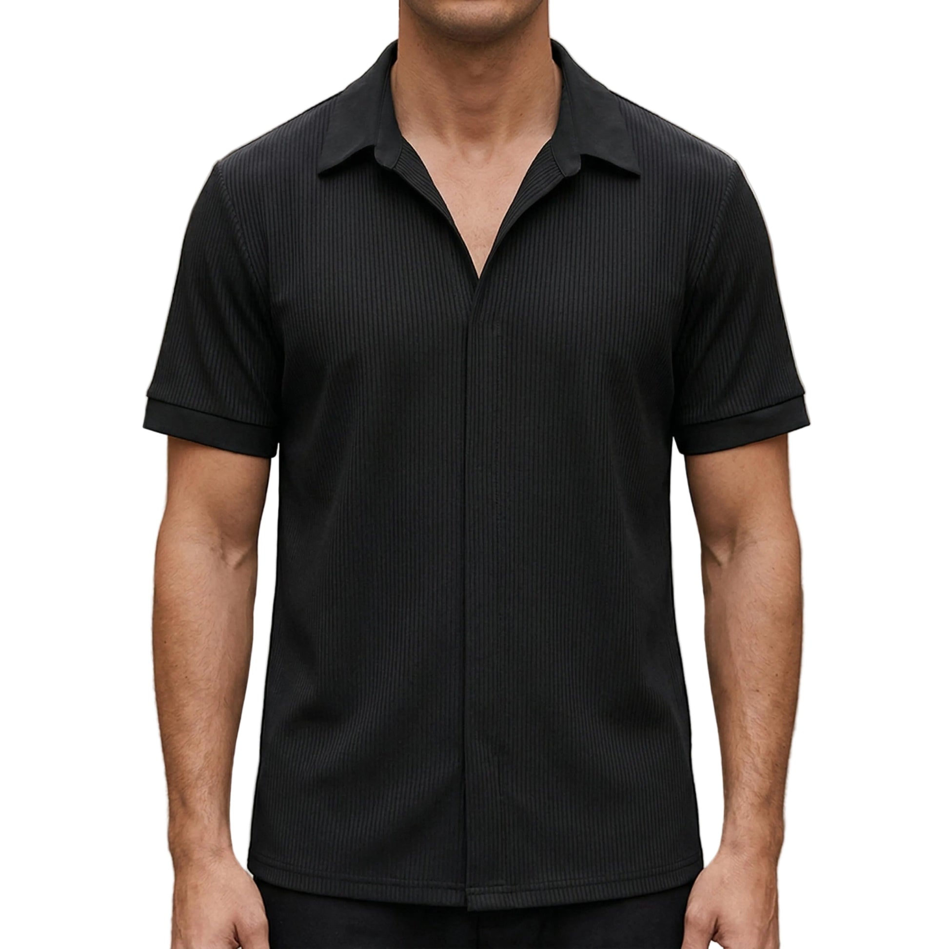 Men's Ribbed Short Sleeve Shirt With Open Collar And Button Closure-Jivoca