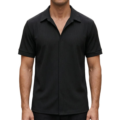 Men's Ribbed Short Sleeve Shirt With Open Collar And Button Closure-Jivoca