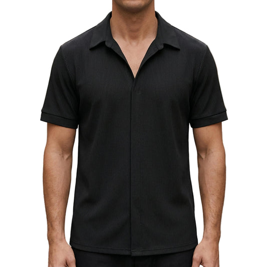 Men's Ribbed Short Sleeve Shirt With Open Collar And Button Closure-Jivoca