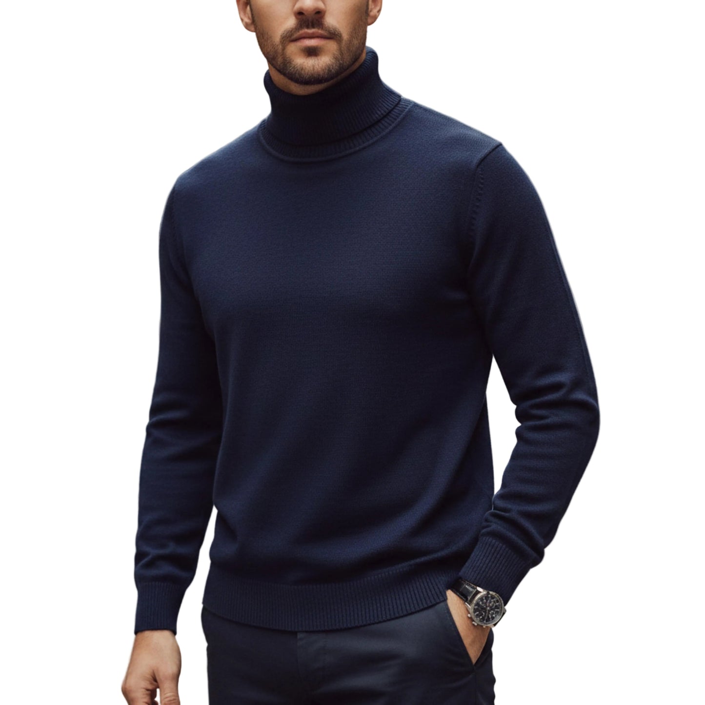 Men's Ribbed Turtleneck Knit Sweater With Long Sleeves And Structured Fit-Jivoca