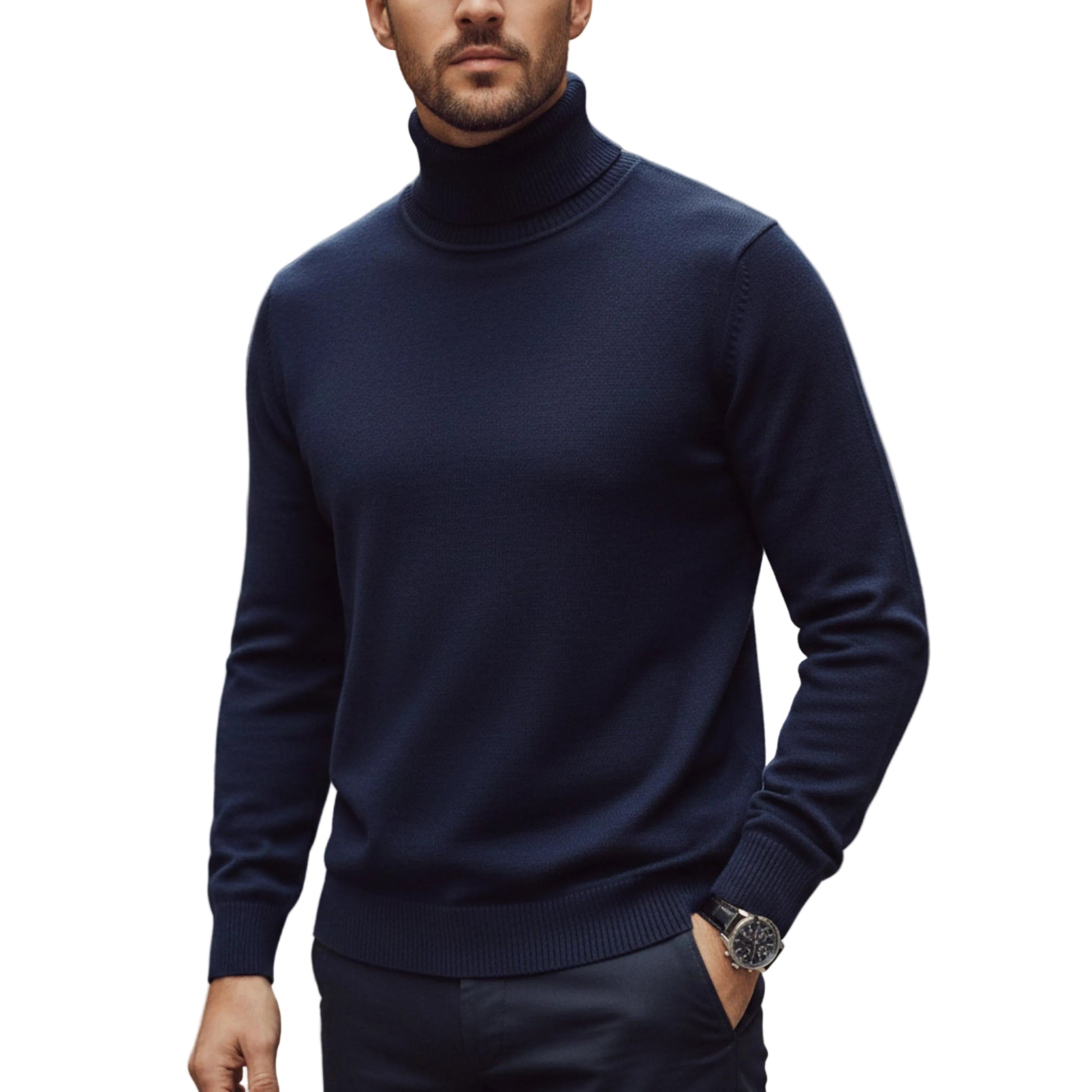 Men's Ribbed Turtleneck Knit Sweater With Long Sleeves And Structured Fit-Jivoca