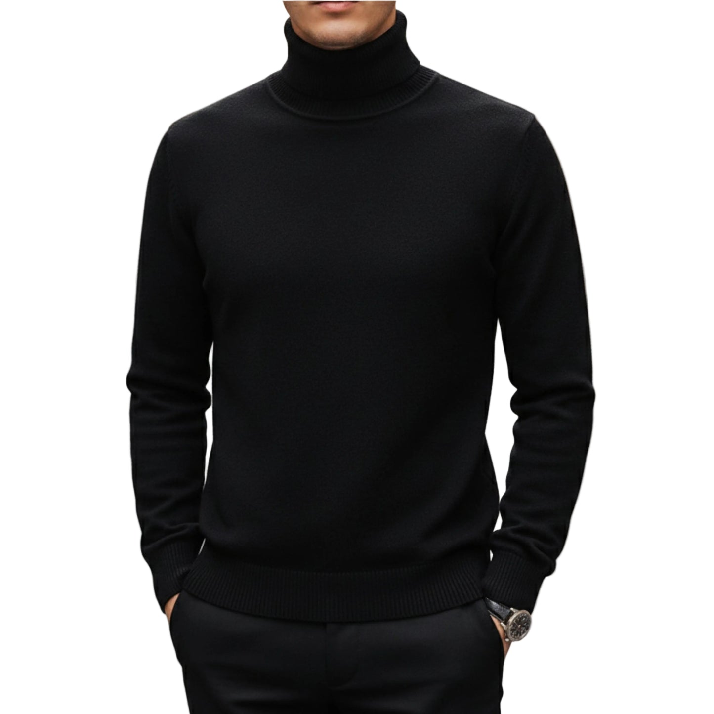 Men's Ribbed Turtleneck Knit Sweater With Long Sleeves And Structured Fit-Jivoca