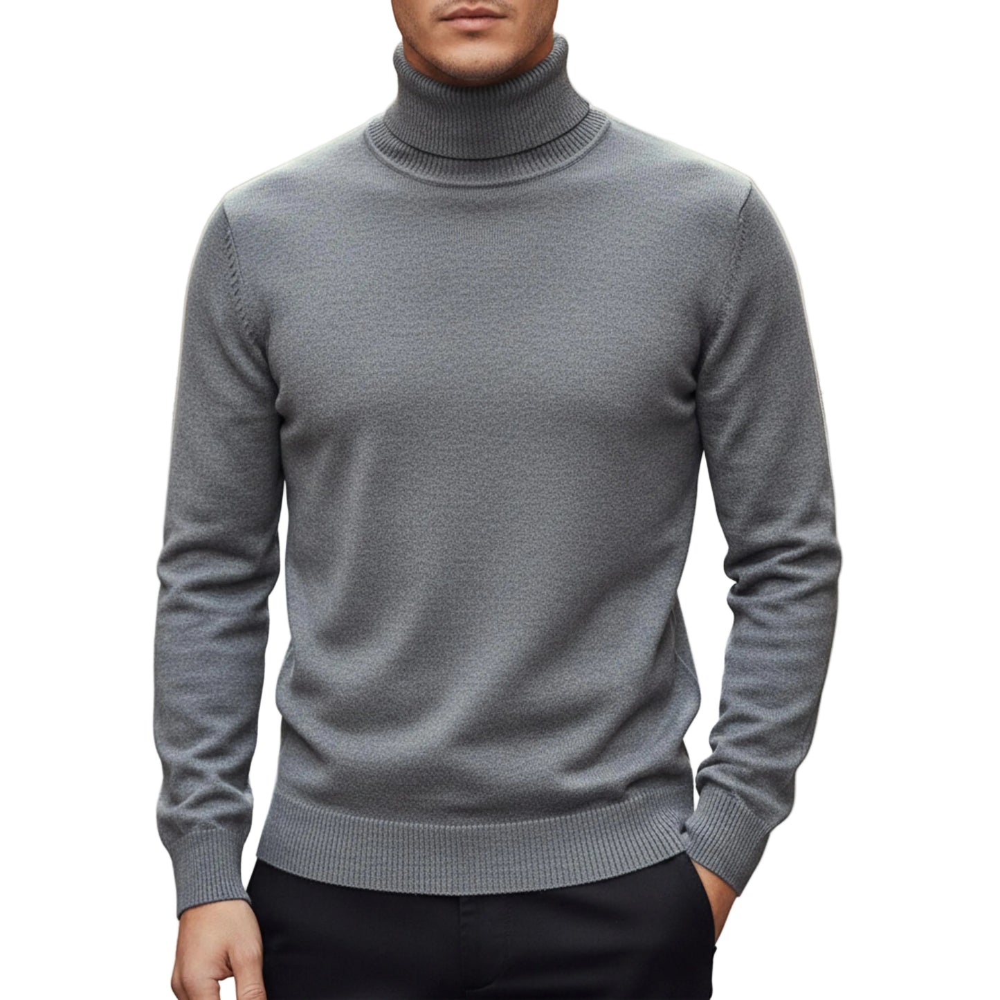 Men's Ribbed Turtleneck Knit Sweater With Long Sleeves And Structured Fit-Jivoca