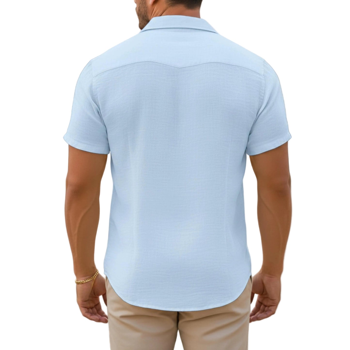 Men's Short Sleeve Button Down Shirt Open Collar-Jivoca