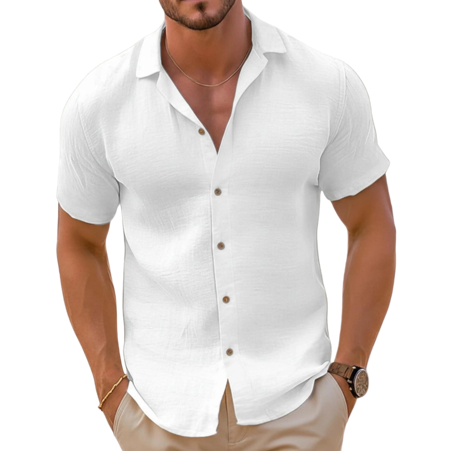 Men's Short Sleeve Button Down Shirt Open Collar-Jivoca