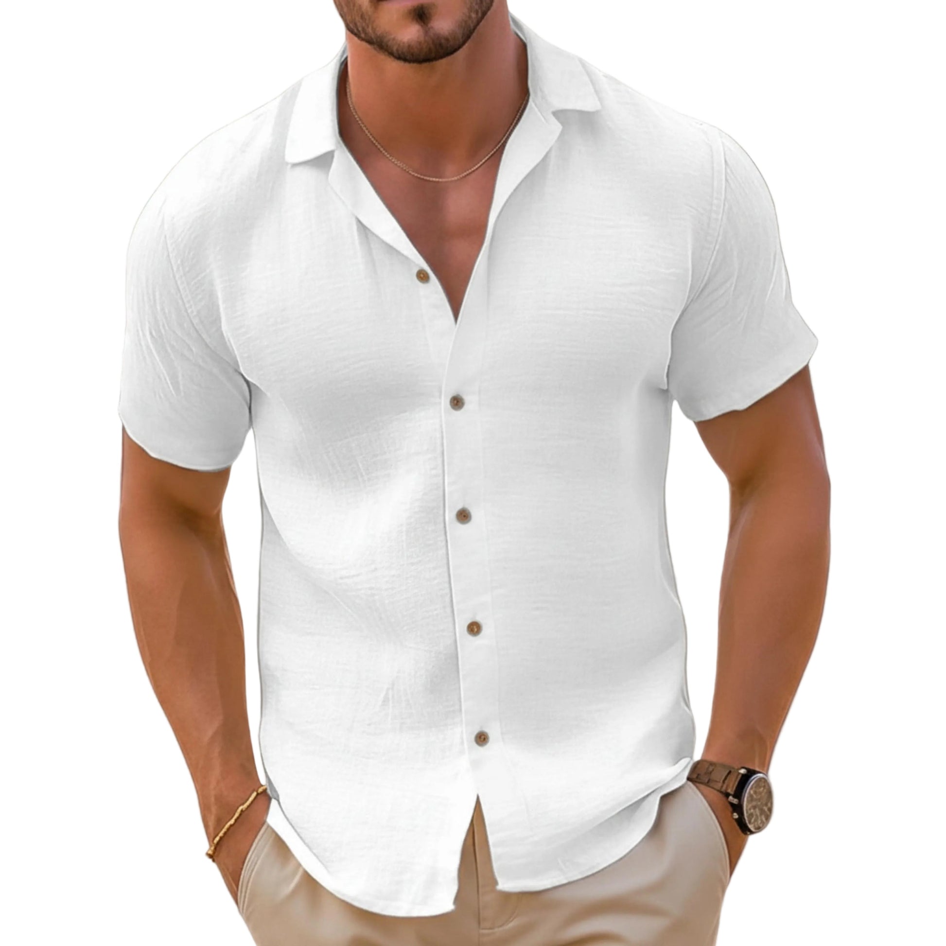 Men's Short Sleeve Button Down Shirt Open Collar-Jivoca