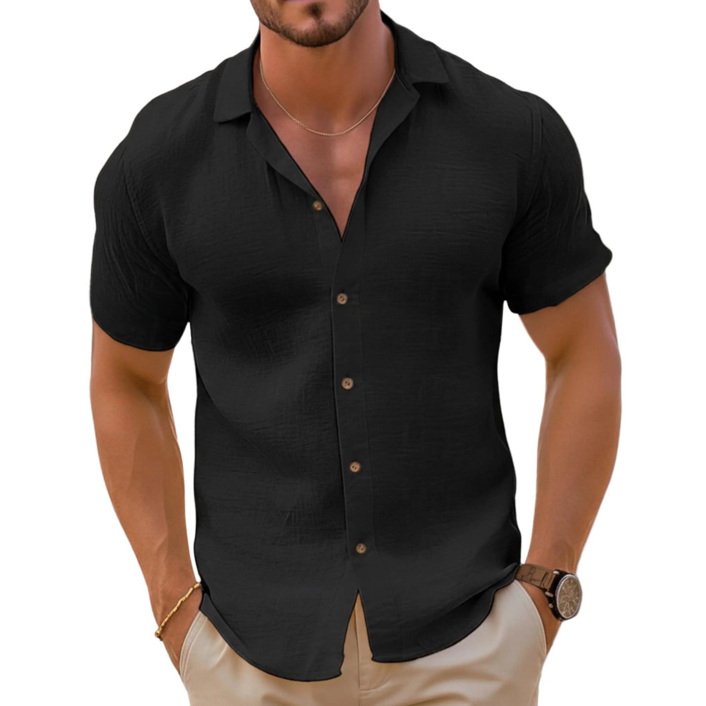 Men's Short Sleeve Button Down Shirt Open Collar-Jivoca
