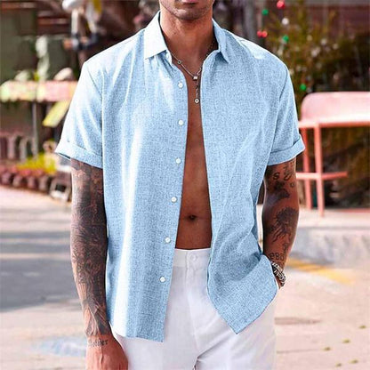 Men's Short Sleeve Linen Blend Shirt-Jivoca