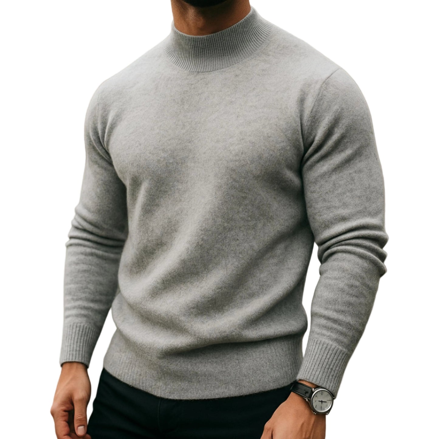 Men's Turtleneck Knit Sweater With Long Sleeves And Ribbed Trim-Jivoca