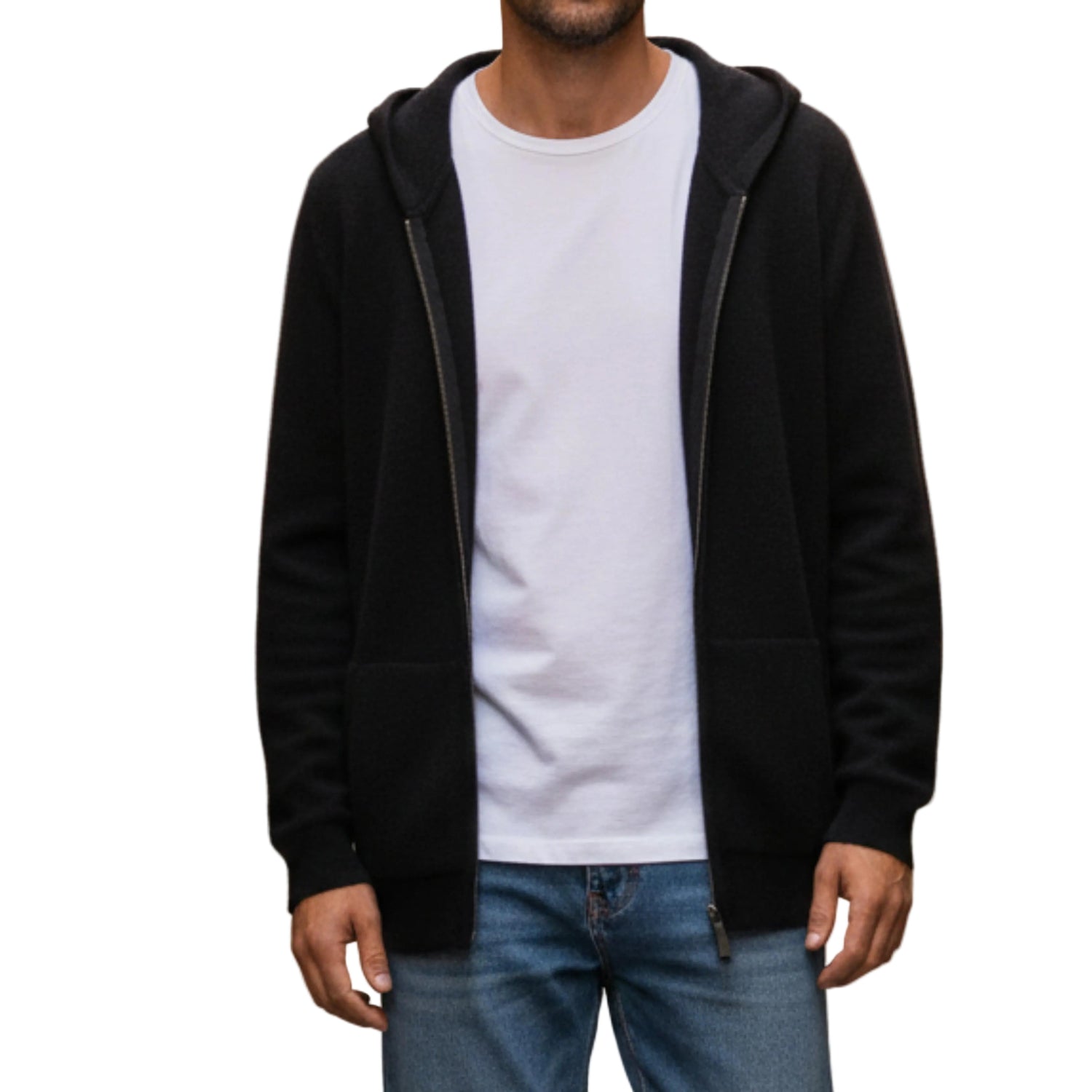 Men's Zip Up Hoodie Jacket With Attached Hood And Ribbed Cuffs-Jivoca