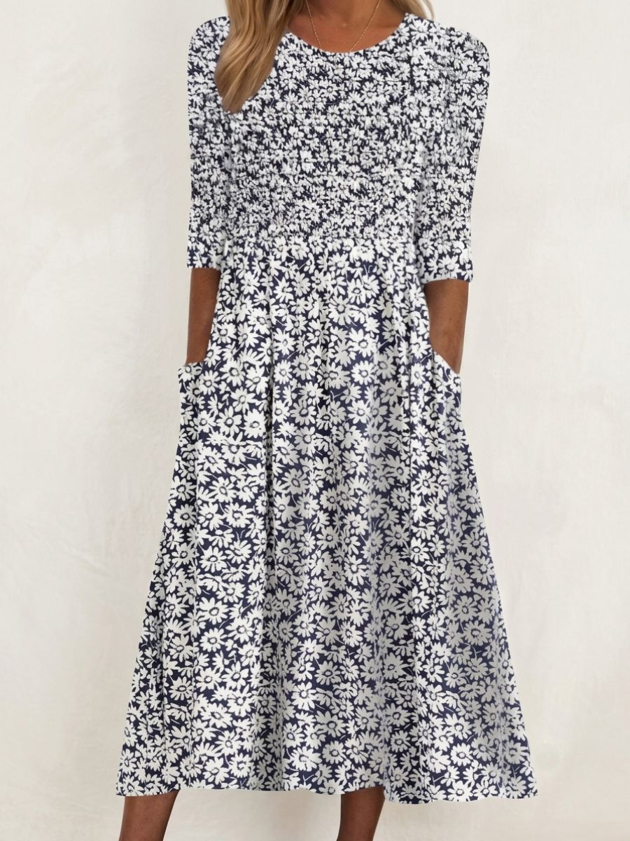 Navy White Daisy Print Side Pocket Midi Dress For Women-Jivoca