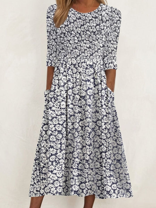 Navy White Daisy Print Side Pocket Midi Dress For Women-Jivoca