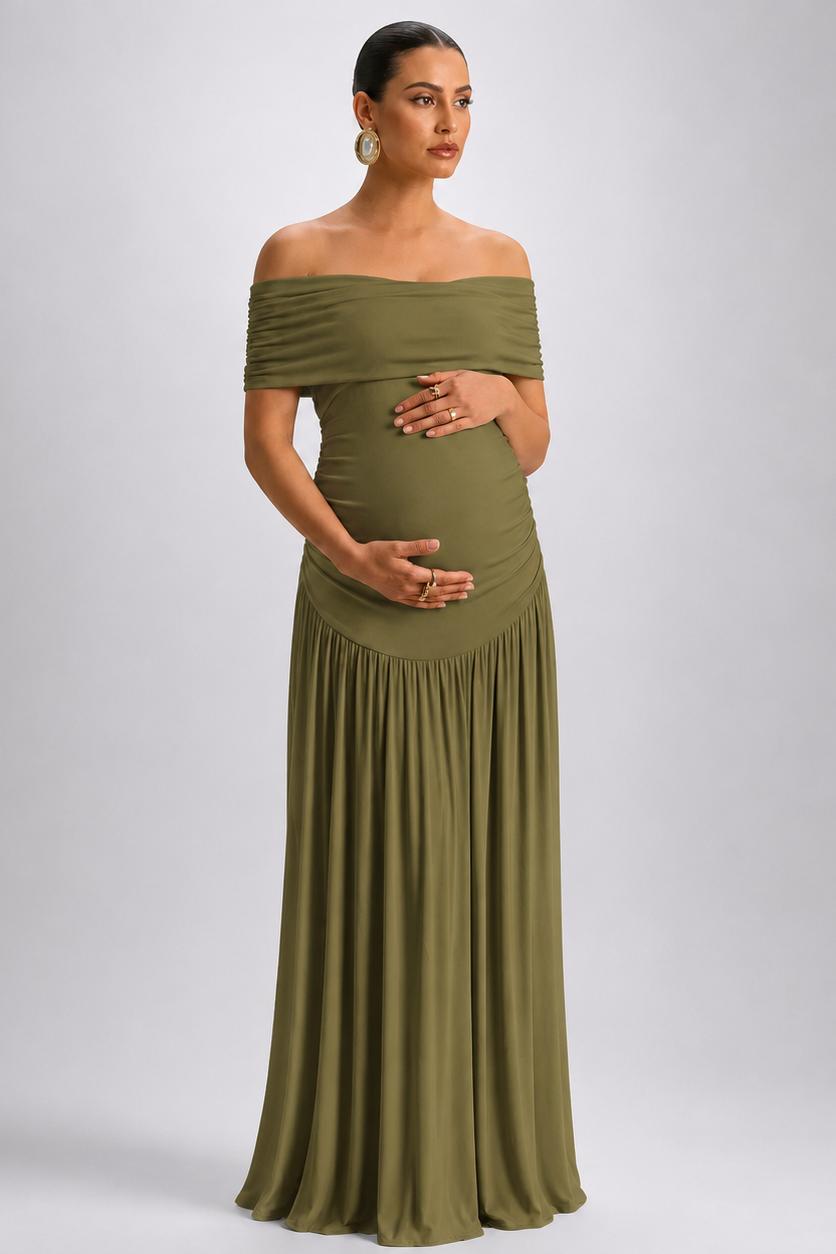 Off-Shoulder Maternity Maxi Dress with A-Line Skirt-Jivoca