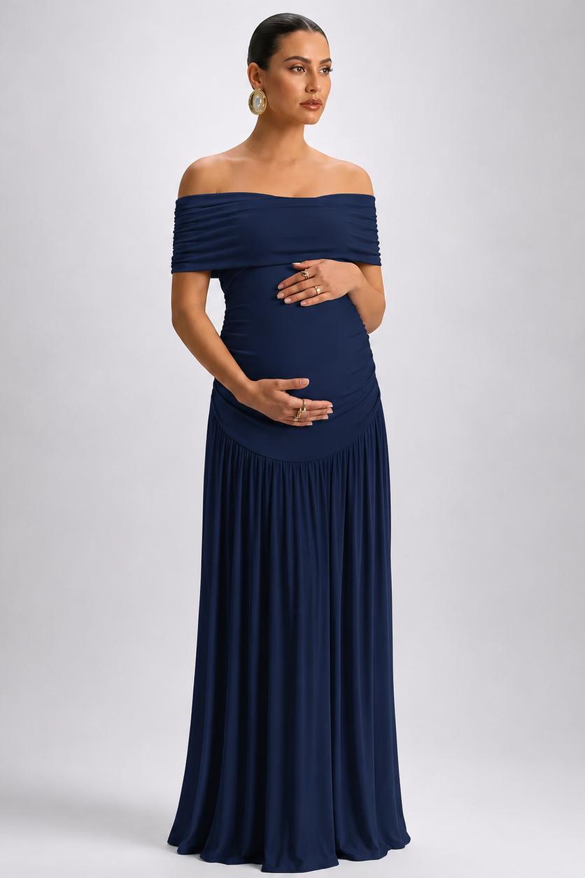 Off-Shoulder Maternity Maxi Dress with A-Line Skirt-Jivoca