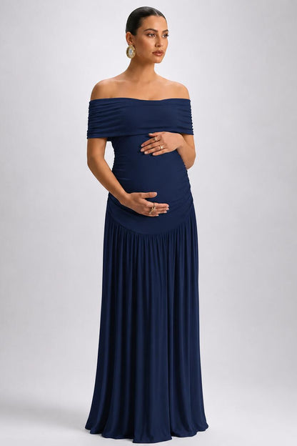 Off-Shoulder Maternity Maxi Dress with A-Line Skirt-Jivoca