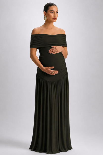 Off-Shoulder Maternity Maxi Dress with A-Line Skirt-Jivoca