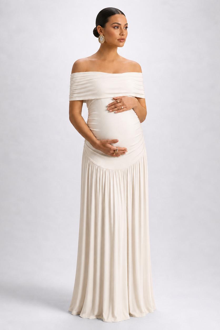 Off-Shoulder Maternity Maxi Dress with A-Line Skirt-Jivoca