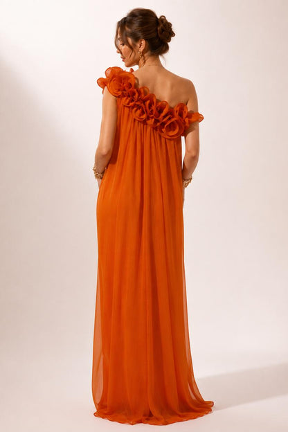 Orange Maternity Maxi Dress with One Shoulder Ruffle Detail-Jivoca
