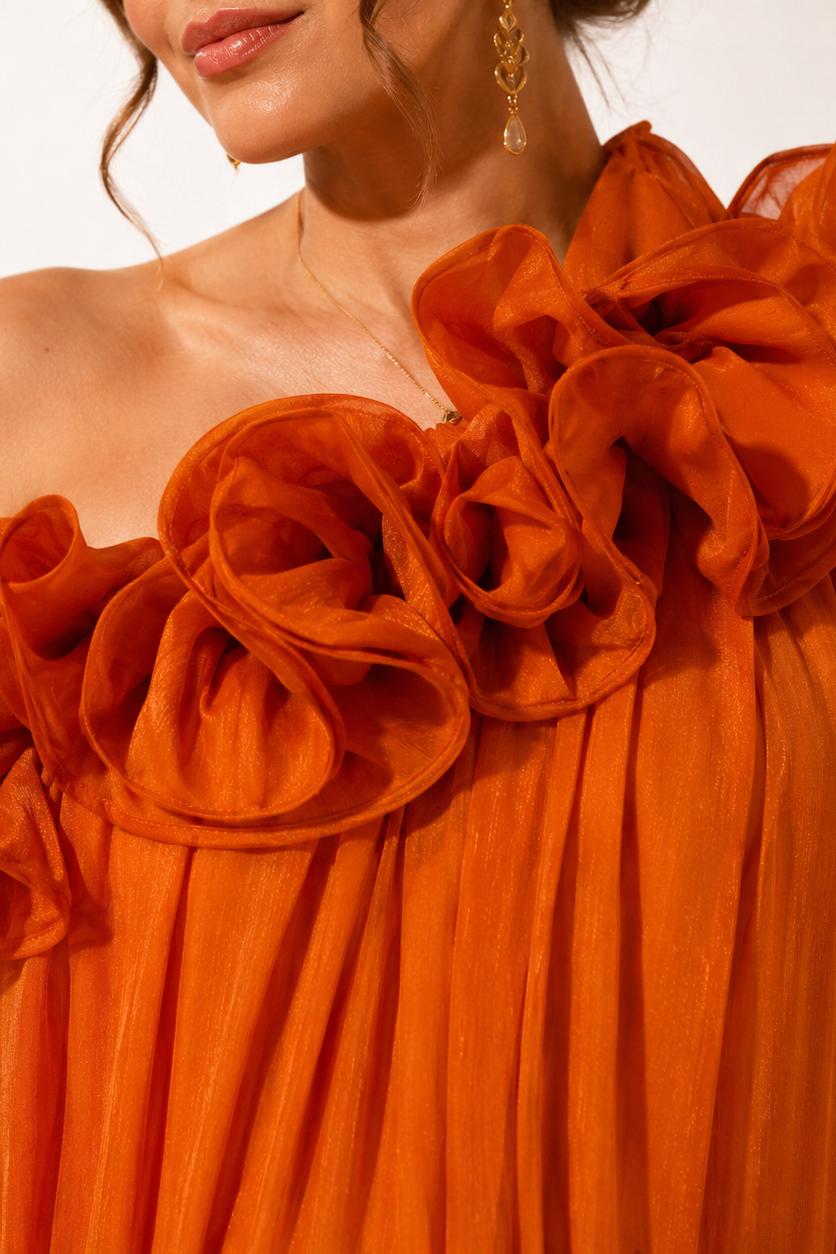 Orange Maternity Maxi Dress with One Shoulder Ruffle Detail-Jivoca