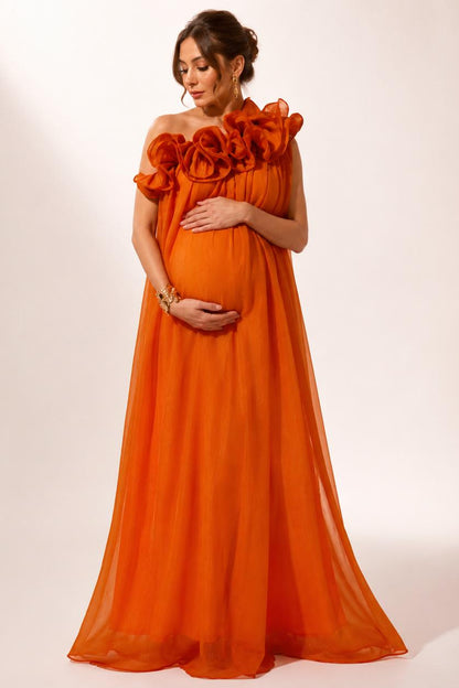 Orange Maternity Maxi Dress with One Shoulder Ruffle Detail-Jivoca