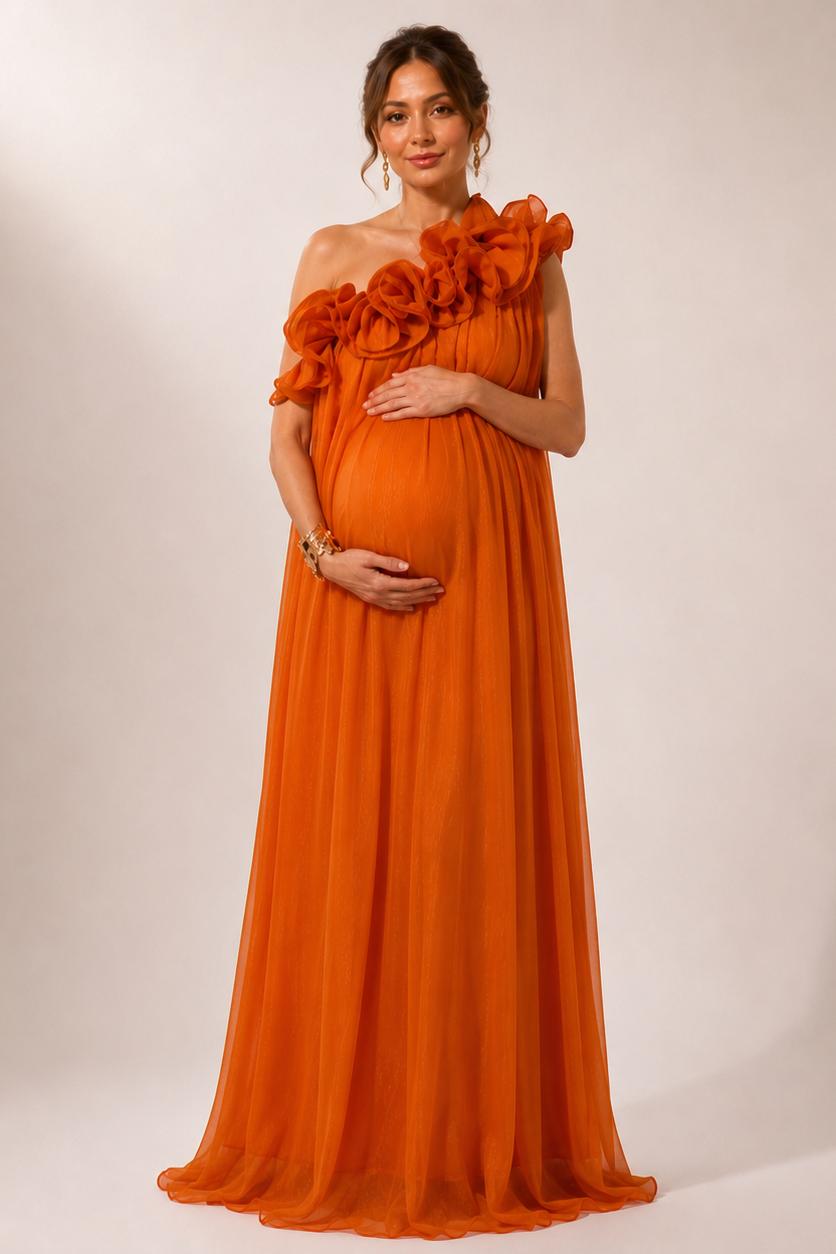 Orange Maternity Maxi Dress with One Shoulder Ruffle Detail-Jivoca