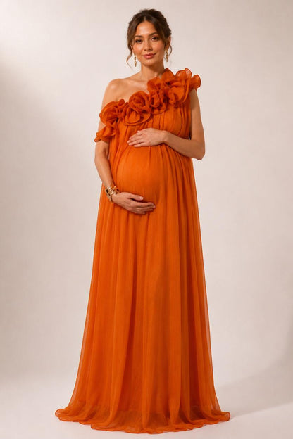 Orange Maternity Maxi Dress with One Shoulder Ruffle Detail-Jivoca