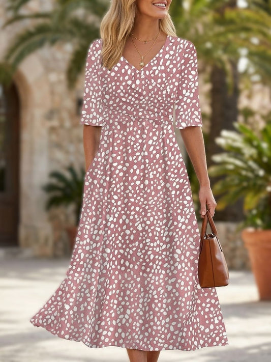 Pink Side Pocket V-neck Short Sleeve Summer Dress For Women-Jivoca