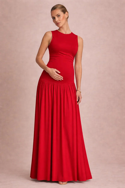 Sleeveless Maternity Maxi Dress with Round Neck-Jivoca