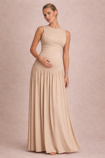 Sleeveless Maternity Maxi Dress with Round Neck-Jivoca