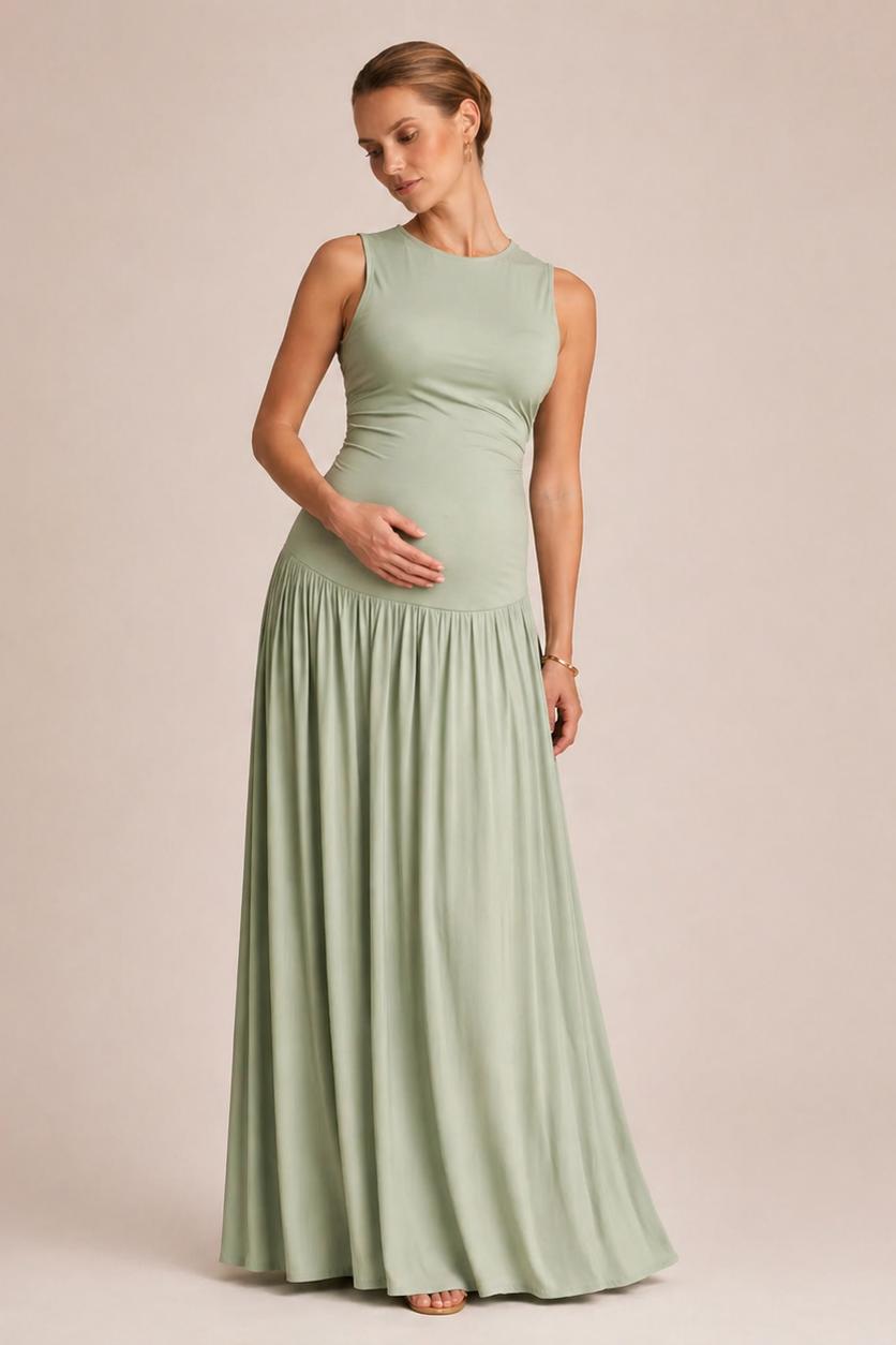 Sleeveless Maternity Maxi Dress with Round Neck-Jivoca