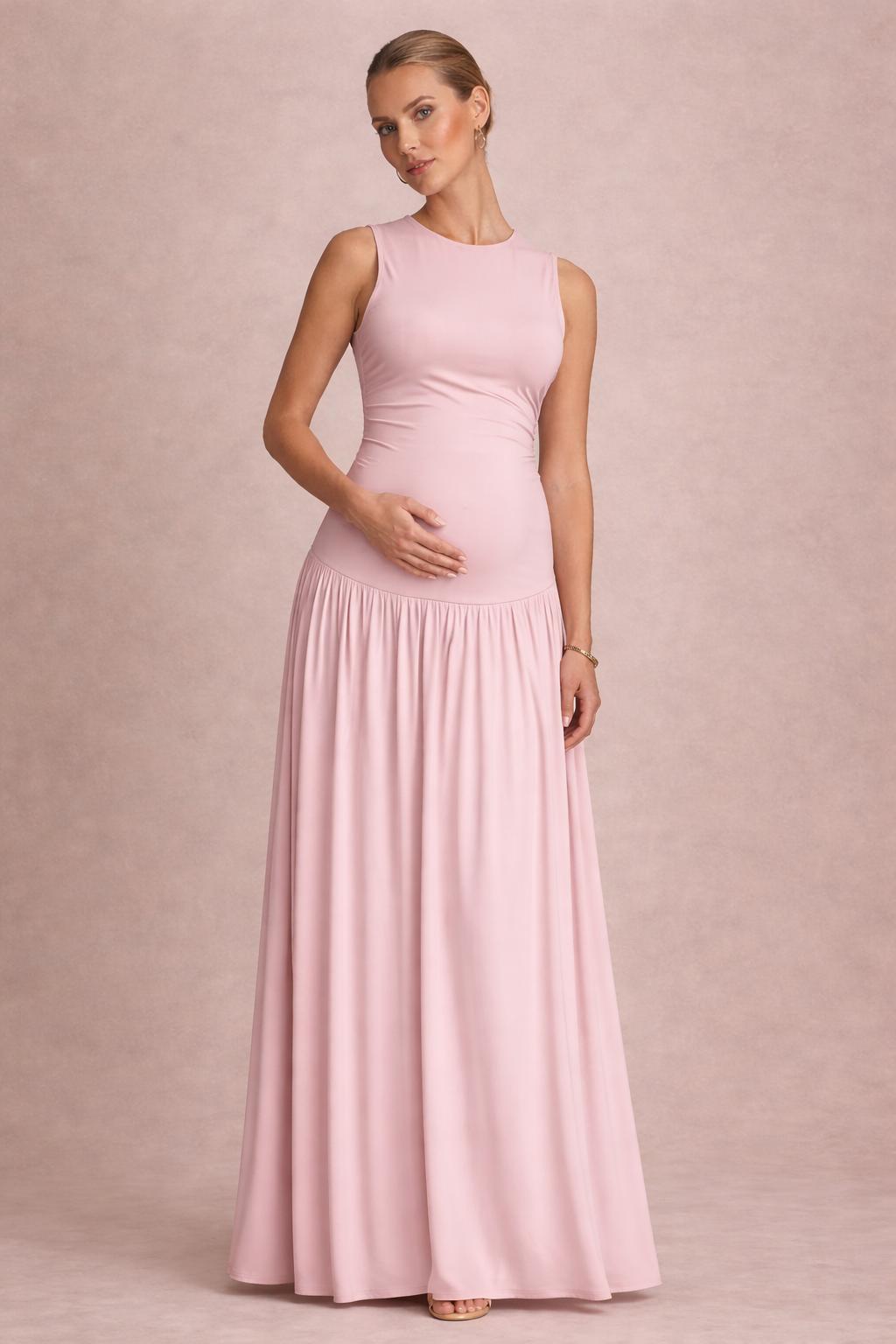 Sleeveless Maternity Maxi Dress with Round Neck-Jivoca