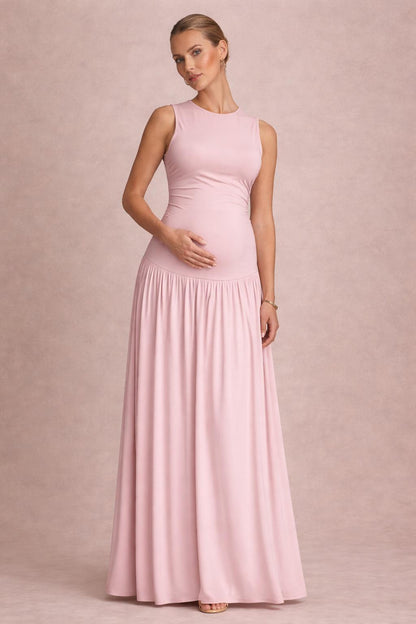 Sleeveless Maternity Maxi Dress with Round Neck-Jivoca