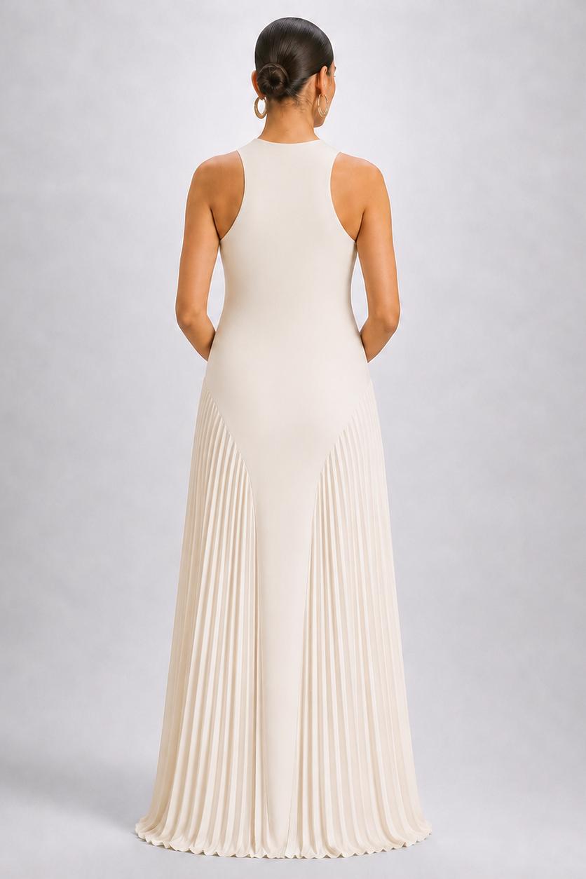Sleeveless Maternity Maxi Dress with Round Neck and Pleated Skirt-Jivoca